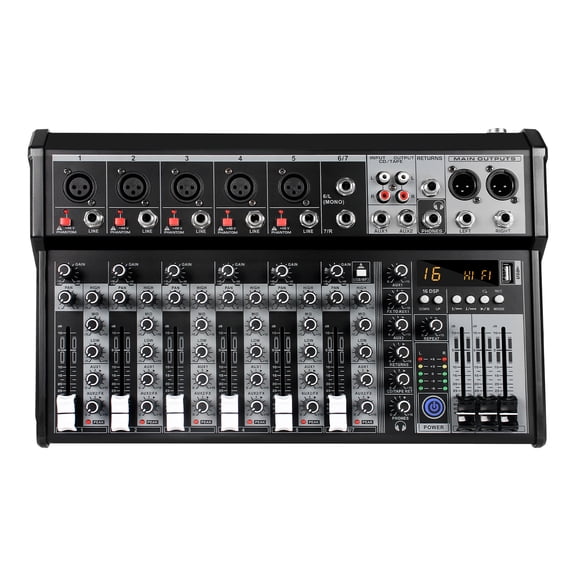 7 Channel Audio Mixer, Portable Audio Mixer w/16 Built-In Preset Sound Effects & USB DJ Sound Mixing Console MP3 Jack 48V Power for Computer Recording, Sounds Mixer Board For Studio Recording