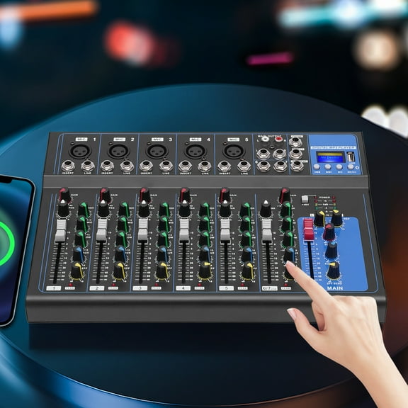 7-Channel Bluetooth Audio Mixer with 48V Phantom Power, 3-Band EQ, Analog Effects, LCD Display, and Wireless Connectivity for Live Performances, Home Studios, and DJs
