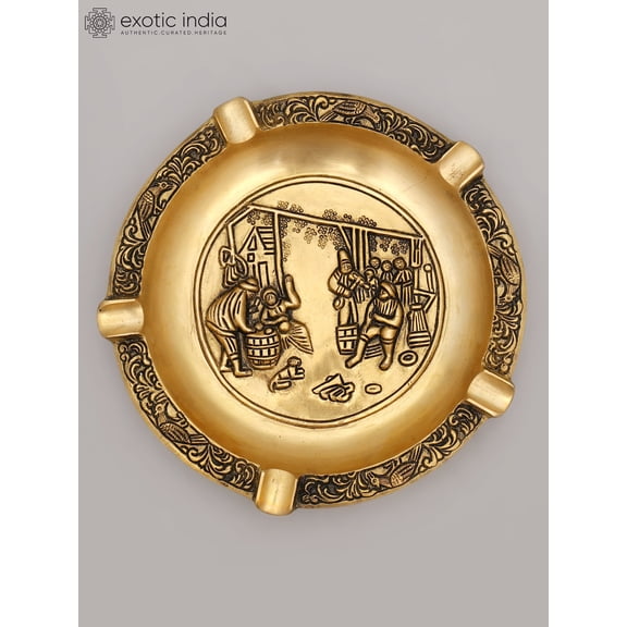 7'' Collectible Brass Ashtray with Hand-Etched Scene | Table Decor
