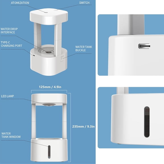 7 Color Anti Gravity Humidifier - Levitating Water Drip Desk Mini Rain Humidifier, Small Cool Mist Humidifiers for Bedroom