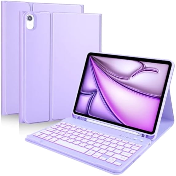 7-Color Backlit Bluetooth Keyboard Folio with Pencil Holder for 11-inch iPad Air M2/M3/M4 (2024/2025/2026), iPad Air 4th & 5th Generation,Clove Purple
