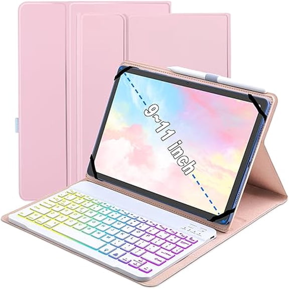 7-Color Backlit Keyboard Case with Pen Holder for 9.7-11" iPad Samsung Android Tablet, Light Pink