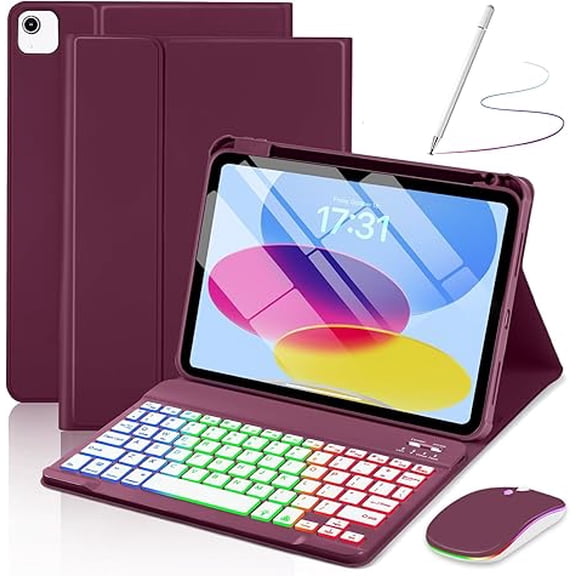7-Color Backlit Magnetic Keyboard Case with Mouse for iPad 11/10.9", Deep Cherry