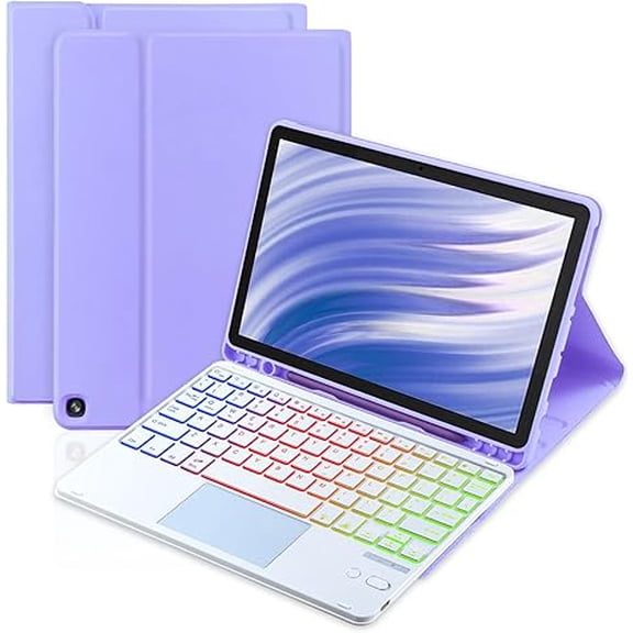 7-Color Backlit Rechargeable Touchpad Keyboard Cover Purple for Fire HD 10 / 10 Plus 10.1"
