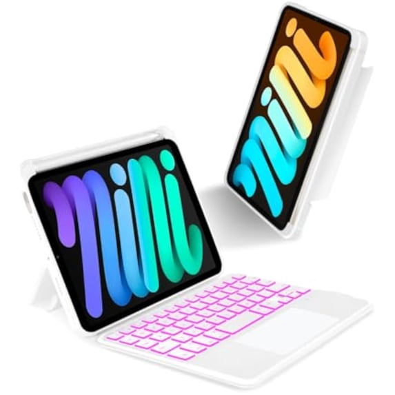 7 Color Backlit Wireless Keyboard with Built-in Trackpad, Detachable Magnetic Multi-Angle Tablet Cover for iPad mini 6th & 7th Generation,White