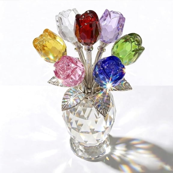 7-Color Crystal Rose Floral Keepsake – Handmade K9 Glass Rose Bouquet with Vase, Everlasting Flower Sculpture for Valentine’s Day, Mother’s Day, Wedding, Anniversary