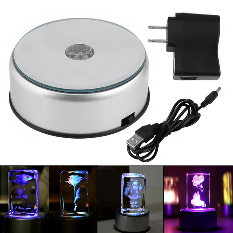 7 Color LED Light Rotating Crystal Display Base Stand Holder with AC US  Adapter Silver