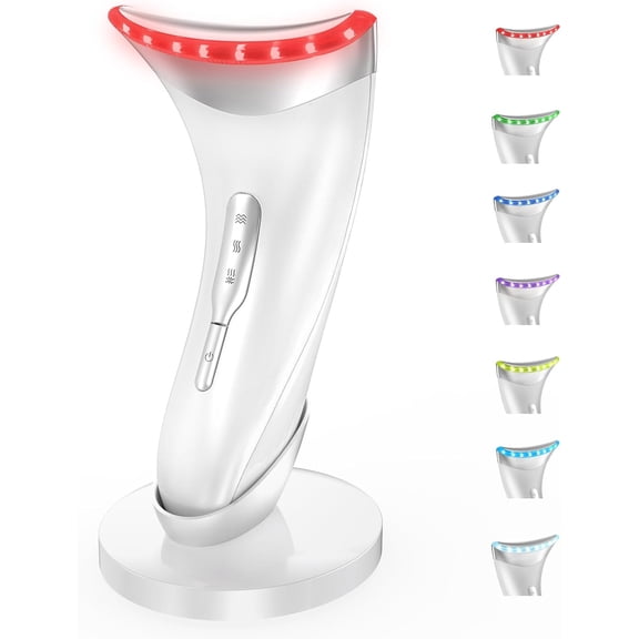 7 Color LED Neck Face Massager Red Light Care Beauty Device, Vibration & Heat Facial Sculptor Massager Tool for Anti-Wrinkle Skin Care, Ideal for Home Travel Gifts, White