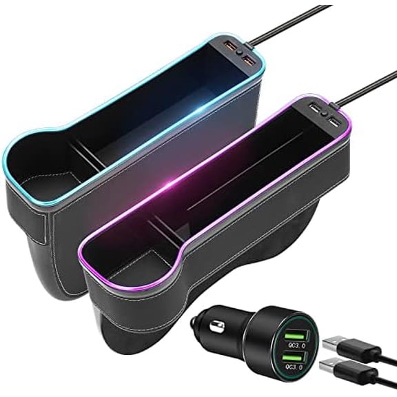 7 Color Led Car Seat Gap Organizer with 56W Fast Charger Car Console Organizer with Cup Holder Front Seat Gap Filler with USB Between Seat Cup Holder fit for Android iPhone (Black)