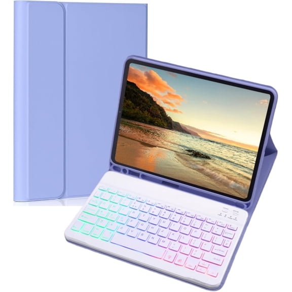 7 Color Rainbow Backlight Detachable Magnetic Keyboard Cover with Pencil Slot Slim Candy Protective Folio for iPad mini 7 A17 Pro 2024 & iPad mini 6 8.3, Purple