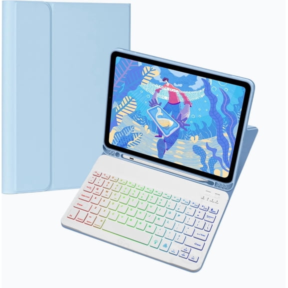 7 Color Rainbow Backlight Detachable Magnetic Keyboard Cover with Pencil Slot, Slim Candy Protective Folio for iPad Pro 11 M5/M4 2025/2024, Sky Blue