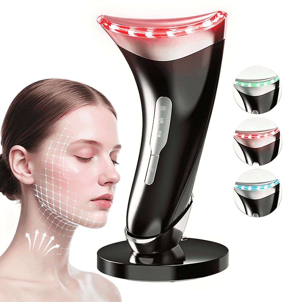 3 Color Red Light Face Neck Massager, Neck Face Beauty Device with Heat Vibration, Portable Skin Facial Sculptor with Base, Black