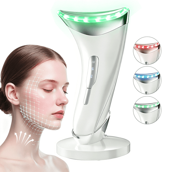 3 Color Red Light Therapy Face Neck Massager, Adjustable Vibration Neck Firming Device, Portable Facial Skincare Tool with Base, White