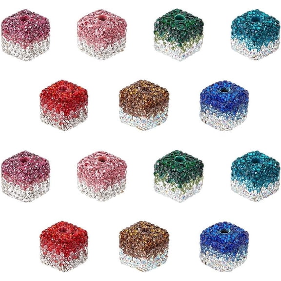 7 Color Rhinestone Cube Beads - 14pcs 15mm Focal Gradient Sparkle Glitter Spacer Diamond Beads
