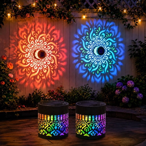 7 Color Solar Mandala Lights Outdoor,  2027 New Seven-Color Changing Solar Mandala Projector Light, Outdoor Waterproof Metal Fence Lights for Garden Post Patio Backyard Yard Decor