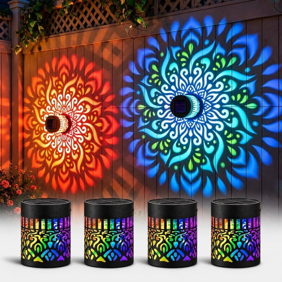 7 Color Solar Mandala Lights Outdoor, 2027 New Seven-Color Changing Solar Mandala Projector Light, Outdoor Waterproof Metal Fence Lights for Garden Post Patio Backyard Yard Decor