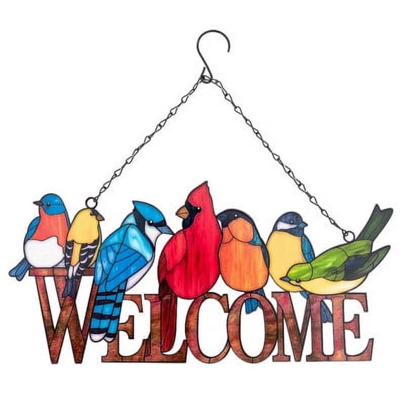 7 Colorful Birds a top the word WELCOME - Hanging Metal Suncatcher - Home Decor, Patio, Sunroom, Garden, - Cardinal, Bluejay, Sparrow, Bird Lovers