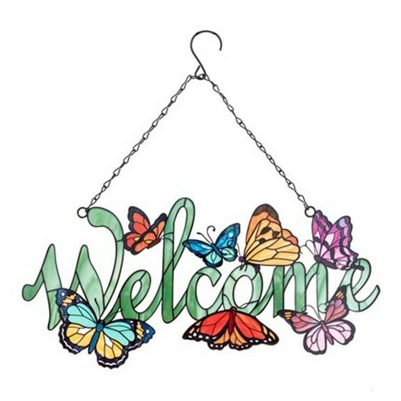 7 Colorful Butterflies a top the word WELCOME - Hanging Metal Suncatcher - Home Decor, Patio, Sunroom, Garden