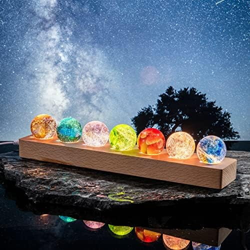 7 Colorful Glass Crystal Ball Desk ecorations Chakra Healing Stones Spheres with LED Wooden Stand, Quartz Crystal Meditation Night Light, Positive Energy Decor Gifts for Him Her -1.57"(40mm)