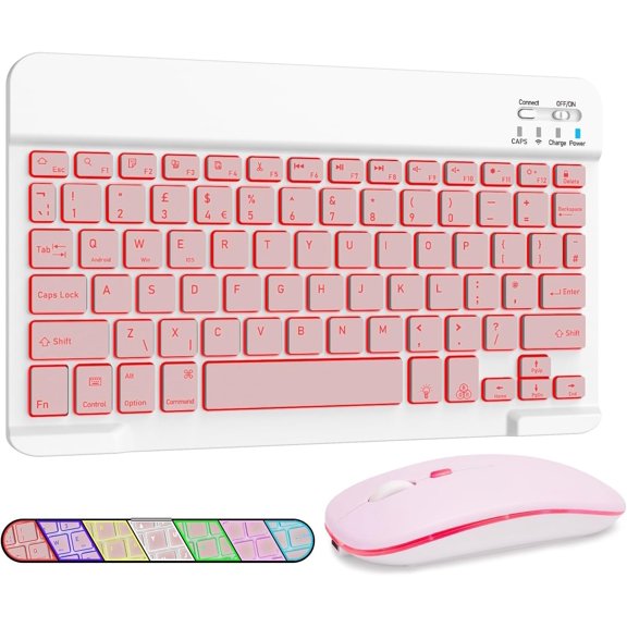 7 Colors Backlit Keyboard and Combo for iPad Pro/Air/Mini, Ultra-Slim Rechargeable Keyboard and for 15/14/13 Pro//PC/Laptop/iOS/Windows/Android,PK