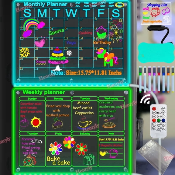 7 Colors Change LED Acrylic Magnetic Planner, 15.74 X 11.81" Monthly + Weekly Calendar for Fridge. Glowing Dry Erase Board with Remote, Dimmable, Timmer, Illuminated To DO List/Menu/Memo/Reminder