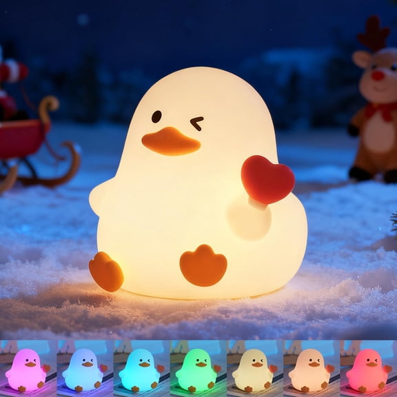 7 Colors Cute Duck Night Light for Kids, 3 Levels Dimmable Silicone Night Lamp, LED Squishy Rechargeable Animal Nightlight with Timer for Nursery Bedroom