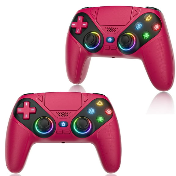 7 Colors LED Wireless Controller for P5, 2 Pack Game Controller Compatible with P5 Pro/Slim/PC, Dual Vibration,Macro/Turbo Function, 6-Axis Motion Contro Gamepad with Speaker(Red)