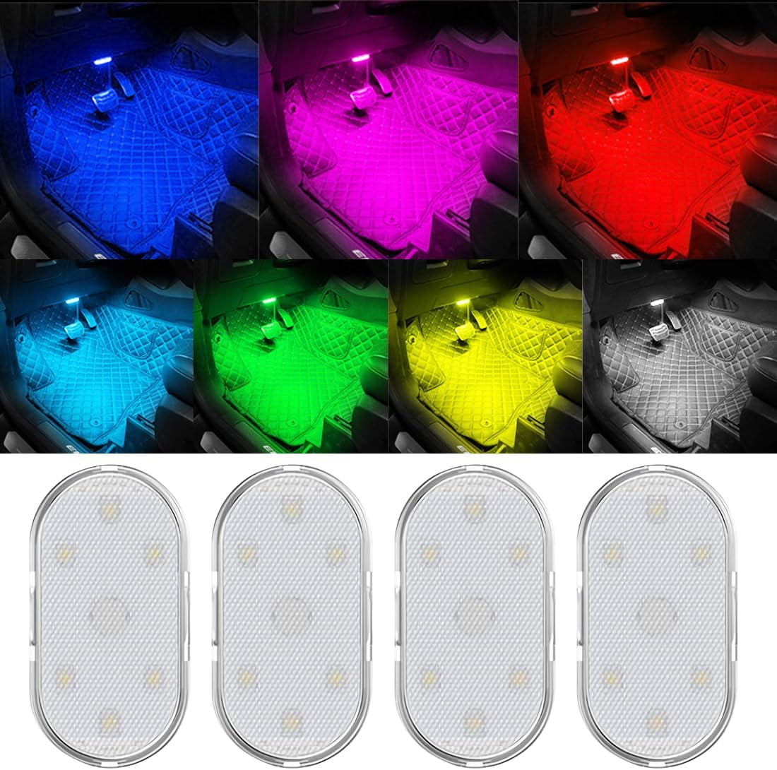 7 Colors Magnetic Car Interior Ambient4Pcs Lights Kit Wireless,USB Rechargeable Car Led Atmosphere Lights Interior, Mini Car Trunk Lights, Touch Sensor Design