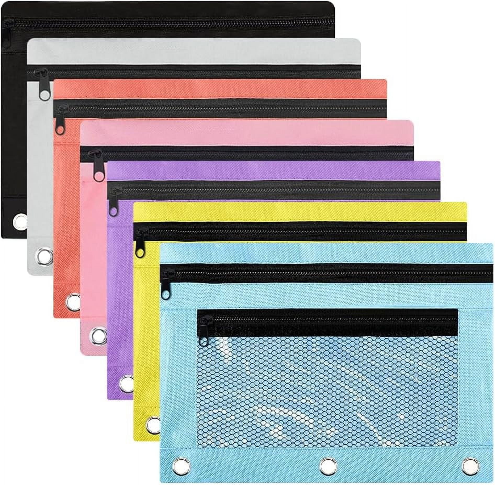 7 Colors Pencil Pouches Zippered for 3 Ring Binder with Smooth Zippers Dual-Pockets Mesh Window Pencil Case Cosmetic Bag Organizer for Storing Classroom Office Home Stationery Supplies