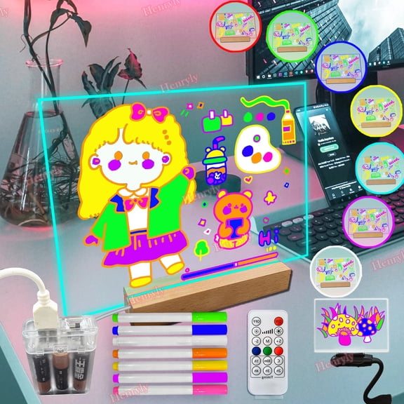 7 Colors Remote Control Acrylic Dry Erase Board with Light Up Wooden Stand for Desk 11.81 x 7.87 Clear Desktop Note Memo White Board Notepad Table LED Letter Massage Boards for Personal Creative Use