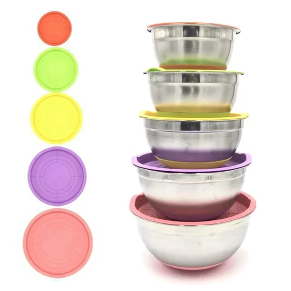 7 Colors Stainless Steel Mixing Bowl with Lid Home Kitchen Egg Mixer Salad Bowls Non-slip Silicone Bottom Food Storage Bowl Set (18-20-22-24-26cm Set)