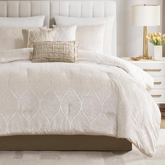 7- Comforter Set, Jacquard Bedding Sets for , Includes Comforter, Bed Skirt, Pillow Shams and Decorative Pillow, //Cal , Nocturne, Champagne