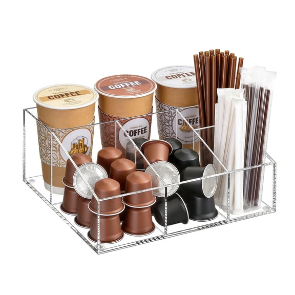 7-Compartment Acrylic Coffee Station Organizer – Countertop Storage Rack for Coffee Pods, Cups, Lids, Syrup Bottles, Tea Bags – Ideal Kitchen Organization Caddy – Transparent