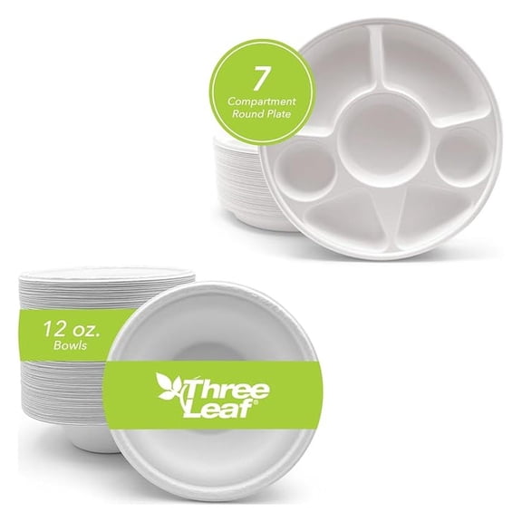7 Compartment Bagasse Plate and 12 Oz. Bagasse Bowl Combo, 50 Ct. Each, Disposable Tableware, 100% Biodegradable