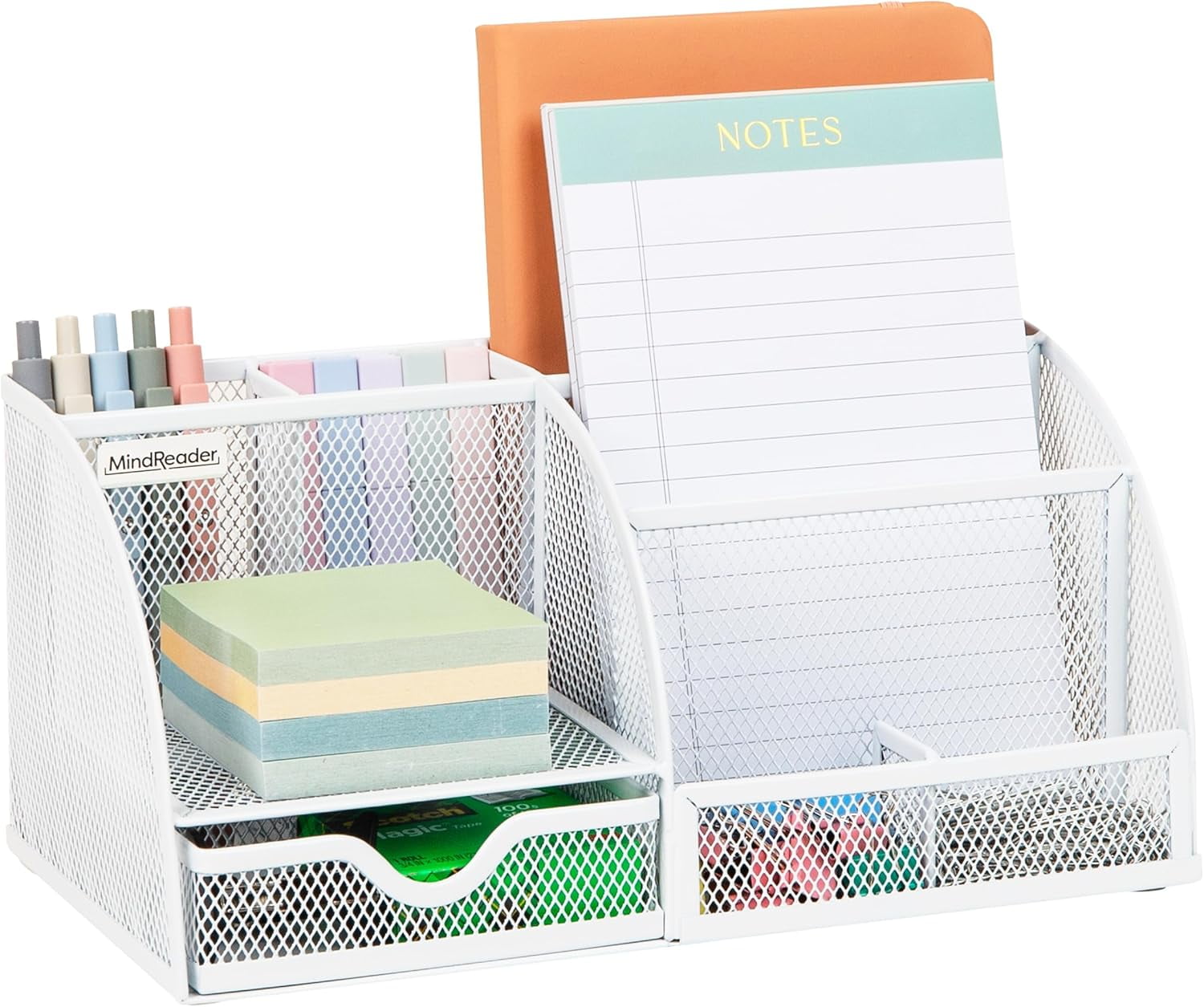 7-Compartment Desktop Organizer, File & Accessory Storage, Metal Mesh Office Organizer for Desk, Workspace, Mail, White