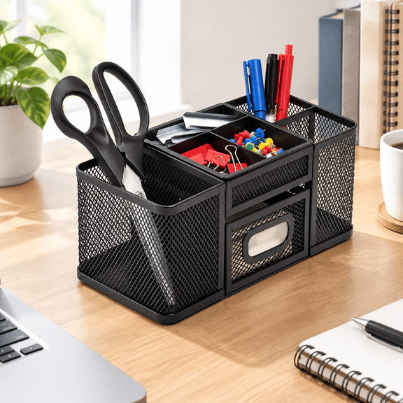 7-Compartment Matte Black Steel Wire Desktop Organizer with Drawer