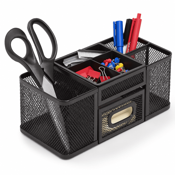 7-Compartment Steel Wire Desktop Organizer with Drawer, Matte Black
