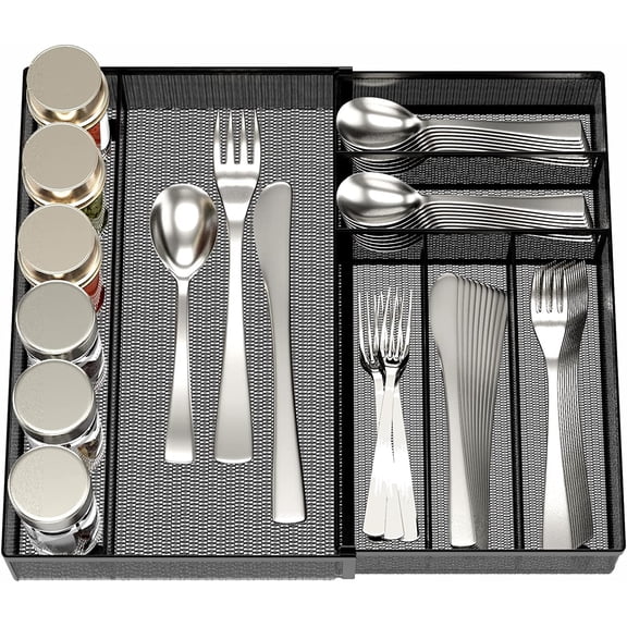 Adjustable Expandable Utensil Tray, 7-Compartment Kitchen Drawer Organizer with Carbon Steel Construction & Mesh Drainage Design