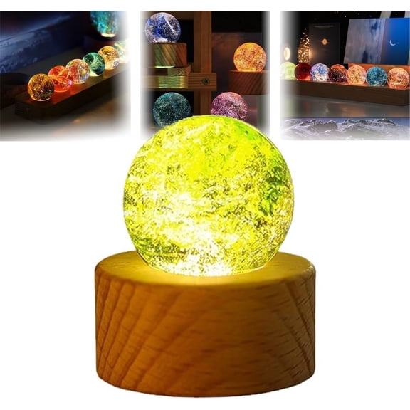 7 Core Memories Crystal Balls, 40mm Ice Cracked Balls Crystal Quartz Stones with LED Wooden Stand Natural Crystal Spheres Chakra Balls for Meditation Night Light Decoration Balls Set for Home(# 03)