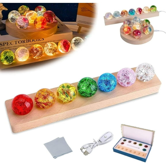 7 Core Memories Lamp, Inside Out Lamp with Crystal Balls, 1.5 in 3D Galaxy Glass Balls Night Light with Led Wooden Base, Inside Out Memory Ball, Sleep Decorative Light (Rectangular Beech Base)