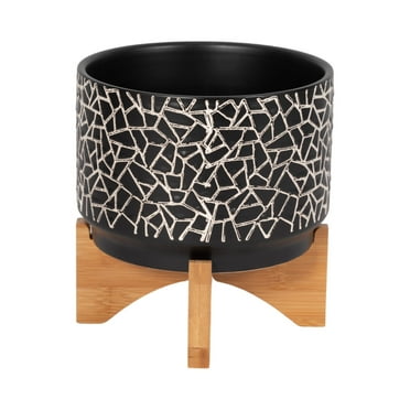 7" Crackled Planter with Wood Stand, Black 8"H - 7.0" x 7.0" x 8.0"
