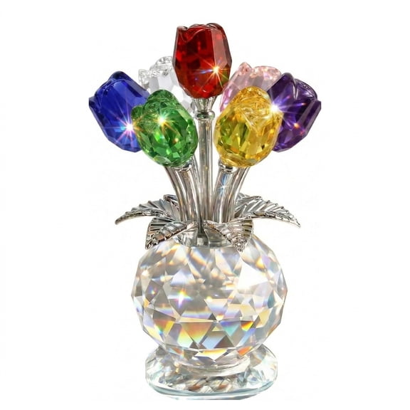 7 Crystal Roses Figurine with Gift Box – Colorful K9 Glass Floral Sculpture, Handmade Everlasting Flower Decor, Meaningful Gift for Women, Mom, Wife, Anniversary, Wedding, Valentine’s Day