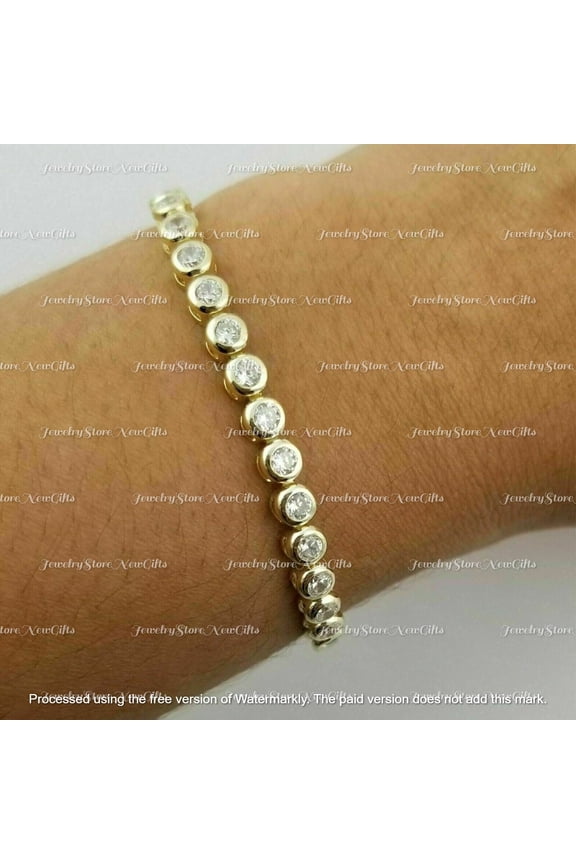 7 Ct Round Cut Bezel-Set Moissanite Tennis Bracelet 7.5" 3mm Stones 14K Yellow Gold Plated 925 Sterling Silver Elegant Sparkling Jewelry Gift for Women