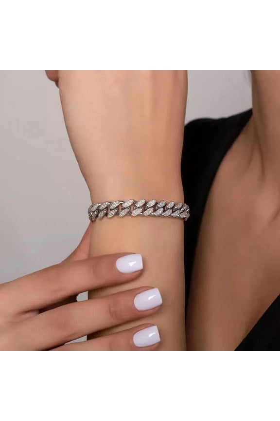 7 Ct Round-Cut Simulated Diamond Men's Cuban Link Bracelet 14K White Gold-Plated Sterling Silver