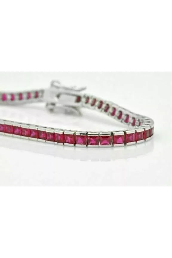 "7 Ct Simulated Princess Cut Red Ruby Tennis Bracelet, 14K White Gold Plated Sterling Silver, Elegant Jewelry for Women"