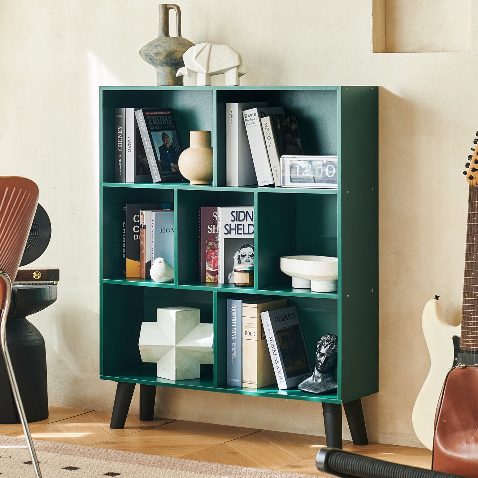 7-Cube 3-Tier Mid-Century Dark Green Bookcase with Legs, Retro Wood Storage Organizer, Freestanding Open Shelves for Bedroom, Living Room, Office