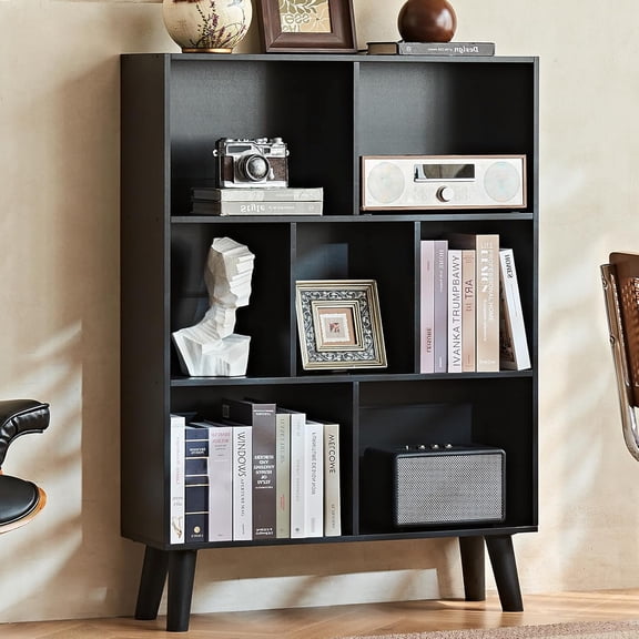 7 Cube Black Bookshelf, 3 Tier Modern Bookcase with Legs, Wood Cubeicals Organizer Storage Open Shelves, Retro Display Book Shelf, Freestanding Short Book case for Bedroom,Living Room,Office