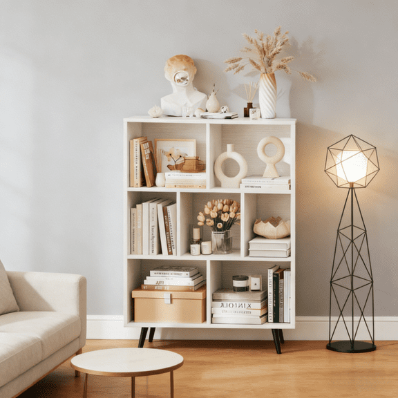 7 Cube Bookcase 3 Tier Storage Organizer Modern Mid Century Design Bookshelf with Metal Legs 31.5 Inch Length for Small Space Entryway Living Room Bedroom Home Office Organization White and Black