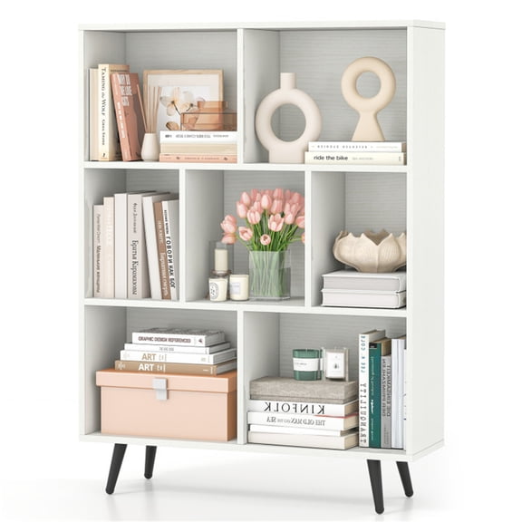 7-Cube Bookcase, 3-Tier Storage Organizer Shelf with Metal Legs, Anti-Tip Kit, Easy Clean Design, for Living Room, Office, Modern White