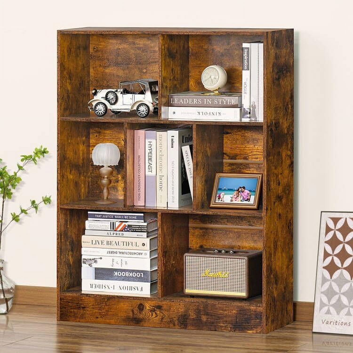 7 Cube Bookshelf with Base,3 Tier Mid-Century Modern Brown Bookcase ...
